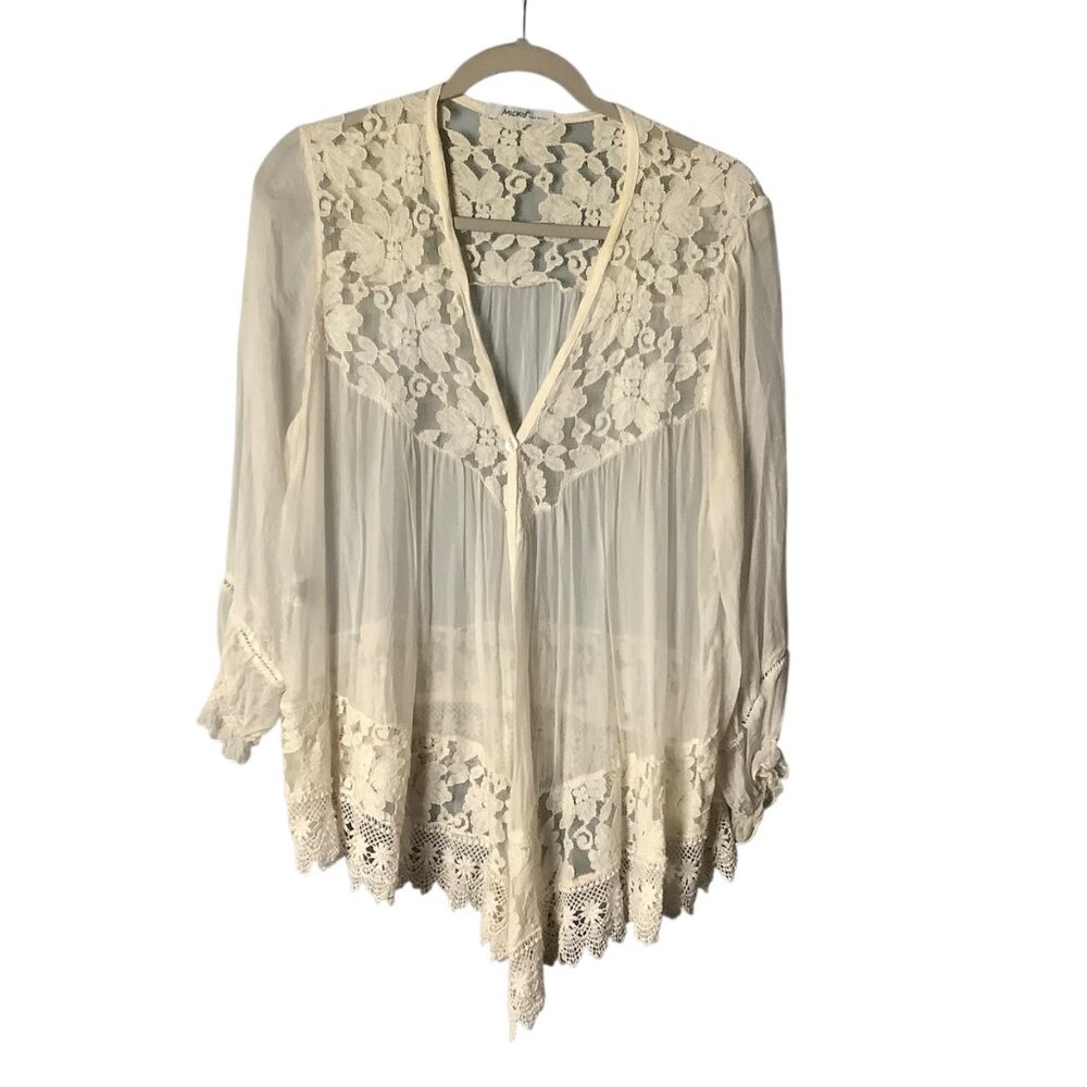 Micky Lace Sheer Cardigan Silk Blend Women Small‎ Boho Whimsy Lightweight Italy